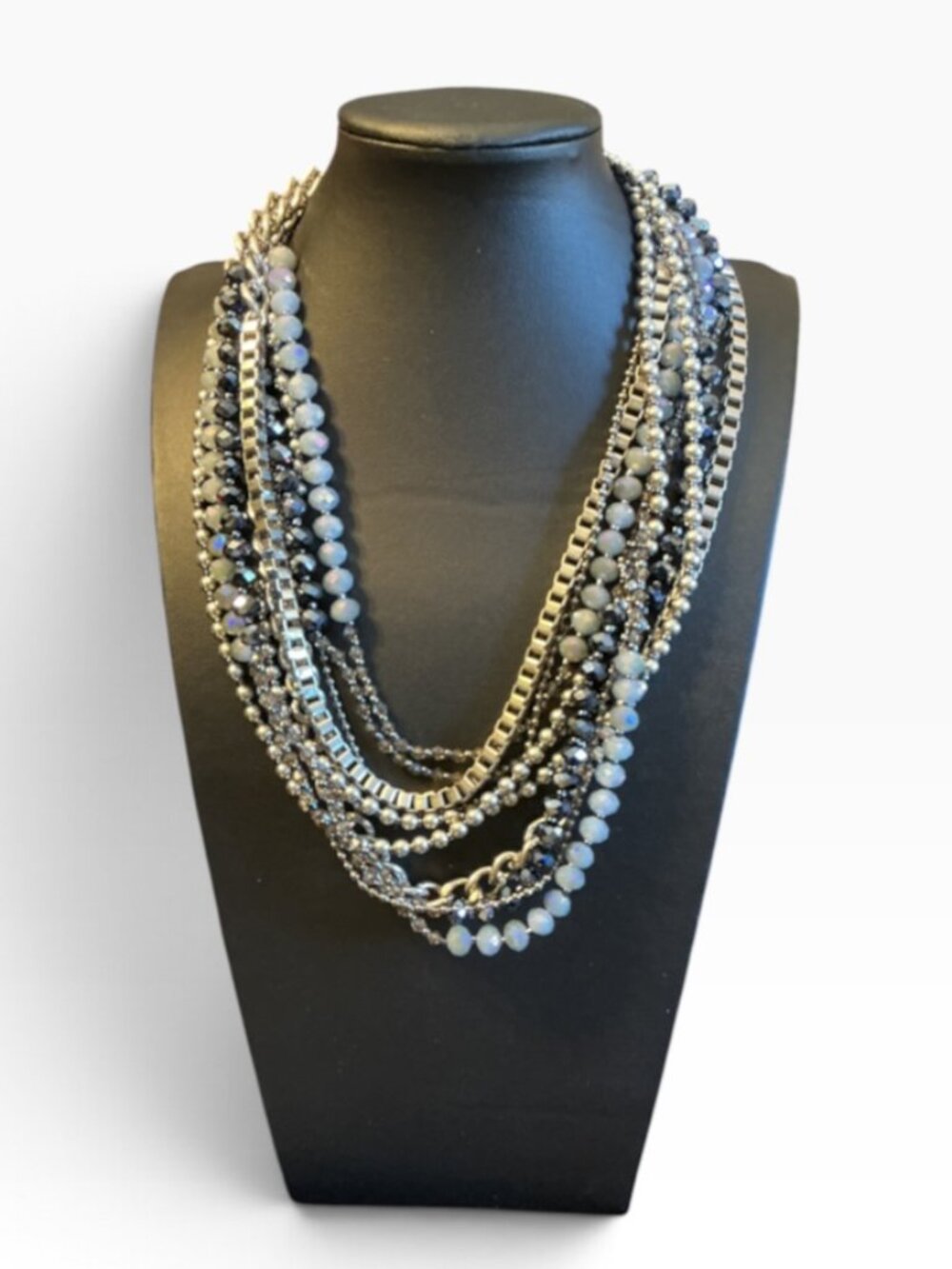 Cookie Lee Multi Strand Silver Tone Gray Beaded Layered Statement Necklace